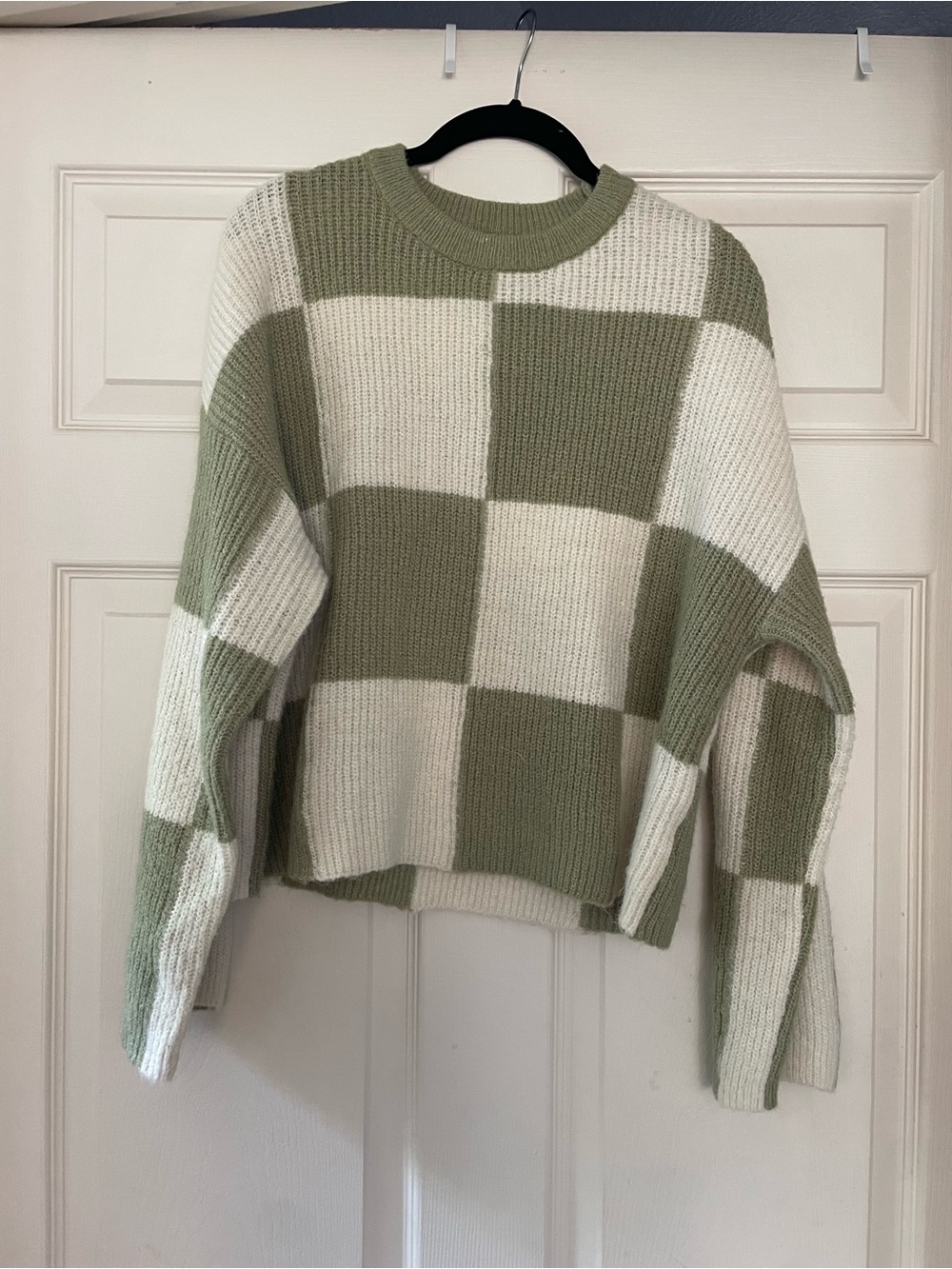 Checkered Crewneck Sweater in Sage Green & Cream